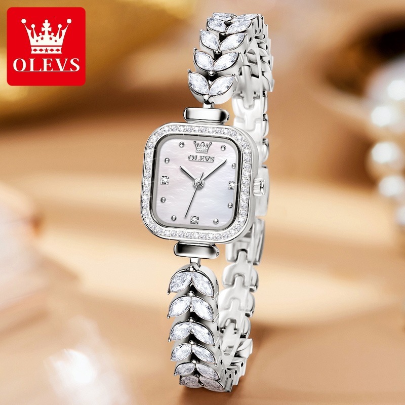 OLEVS Designer Women Watch Shiny Diamond Square Dial Leaf Crystal Bracelet Quartz Wristwatch Elegant Ladies Dress Jewelry Watch Waterproof Fashion Gif