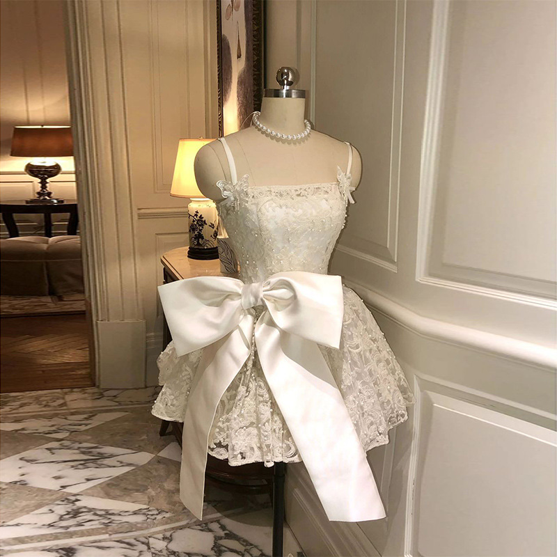 Lace Tulle Cami Dress with Big Bow Detail A Line Slim Fit Princess Mini Dress Women Summer French Style Party Wedding Guest Prom Ball Gown Elegant Bri
