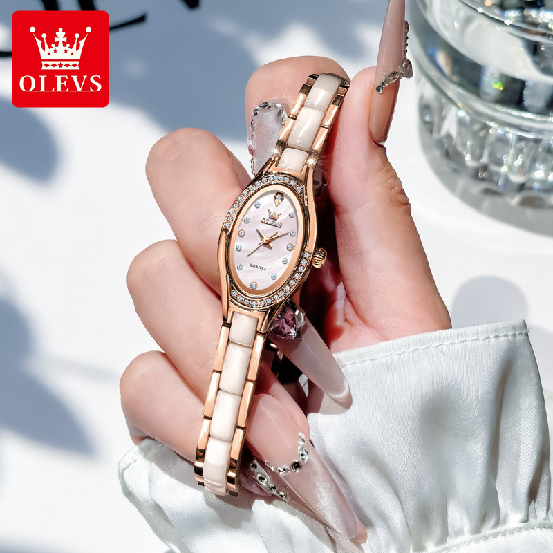 OLEVS Slim Oval Ceramic Quartz Designer Watch Waterproof Bling Crystal Luxury Dress Ladies Wristwatch Fashion Minimalist Daily Party Casual Trendy Hig