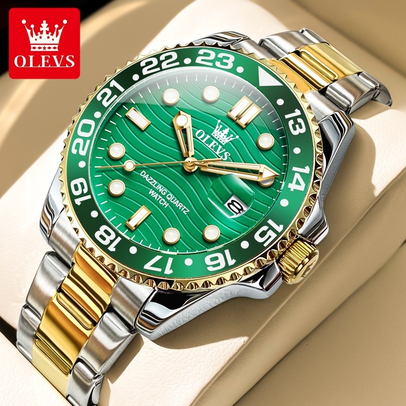 OLEVS Designer OLEVS Mens Quartz Watch Green Dial Rotating Bezel Luminous Date Waterproof Stainless Steel Casual Wristwatch For Men