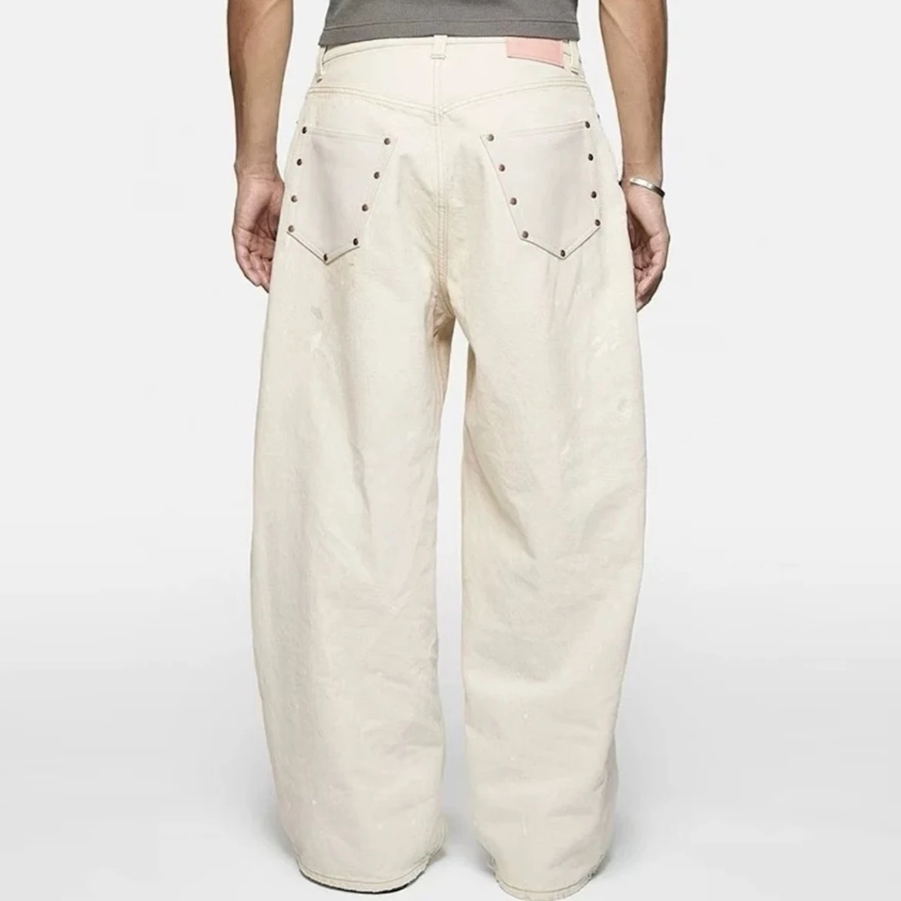 High Street Dirty Mud Splatter Baggy Jeans for Men Solid Color Loose Straight Rivet Pocket Washed White Denim Trousers Oversize