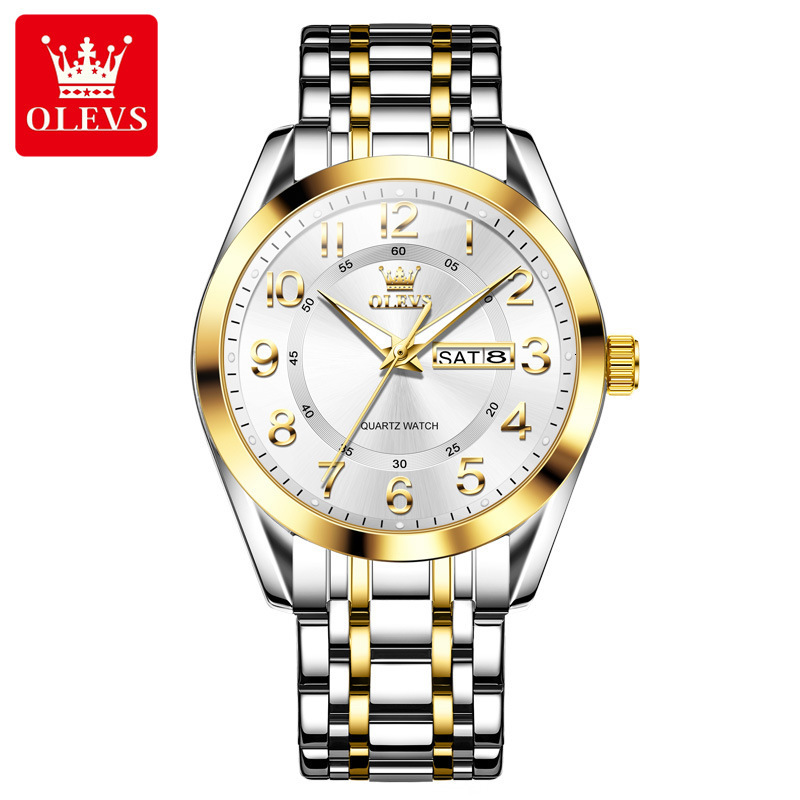 OLEVS Designer Mens Watch Round Dial Day Date Stainless Steel Quartz Wristwatch Waterproof Luminous Business Multi Color For Men