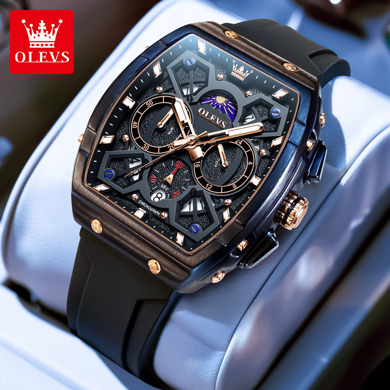 OLEVS Luxury Brand Wine Barrel Designer Watch New Fashion Casual Daily Travel Silicone Tape Night Light Multifunctional Quartz Waterproof Men's W