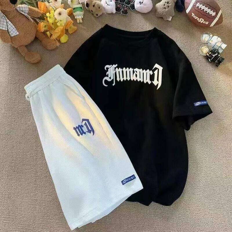 Waffle Casual Summer Ice Silk Short-sleeved Sports Clothes T-shirt Men's Clothing Set Matching 26L0509