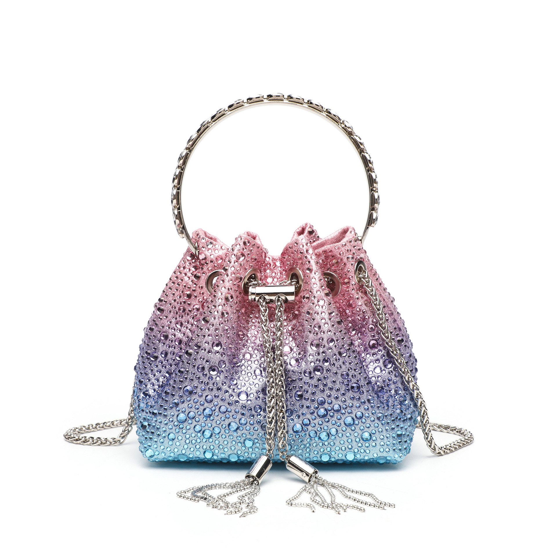 Pink-Blue Gradient Trendy Design Crystal Drawstring Evening Clutch - view 6