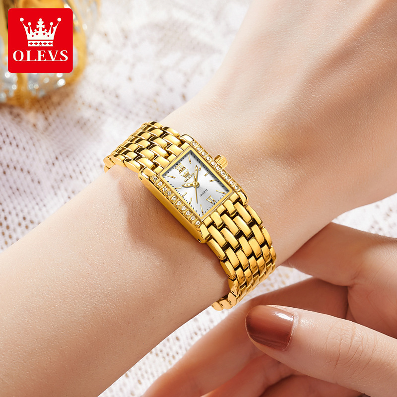OLEVS Gold Tone Rectangle Crystal Bezel Designer Watch Ladies Quartz Waterproof Elegant Dress Fashion Minimalist Lightweight Daily Party Bridal Analog