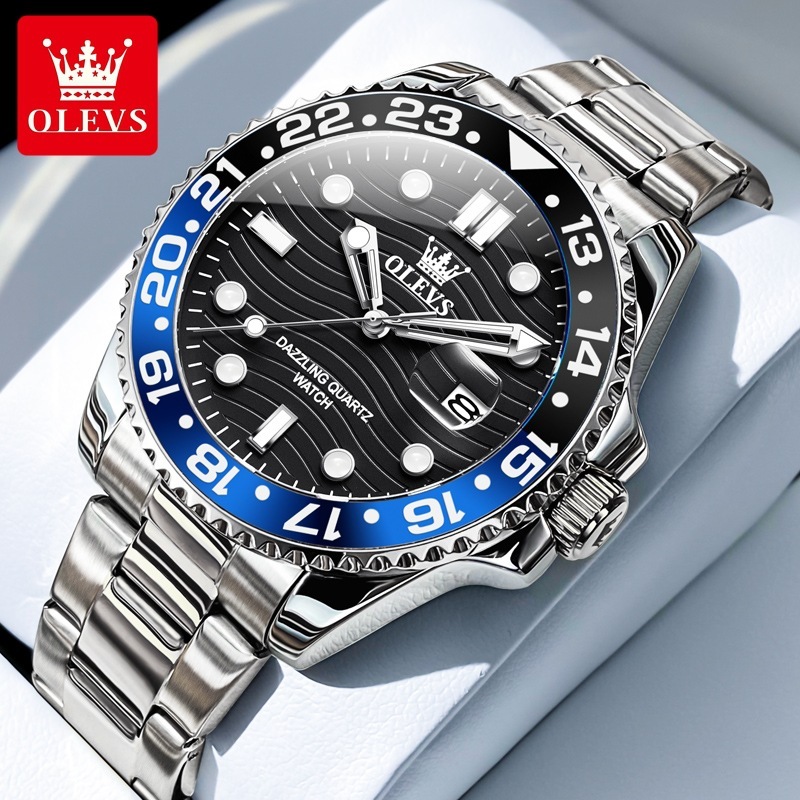 OLEVS Designer OLEVS Mens Quartz Watch Green Dial Rotating Bezel Luminous Date Waterproof Stainless Steel Casual Wristwatch For Men