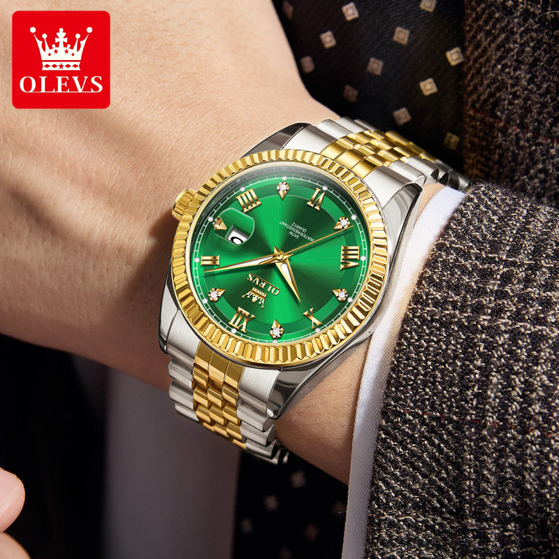 OLEVS Gold Tone Stainless Steel Designer Watch Single Date Waterproof Luminous Diamond Bezel Business Men Wristwatch Luxury Classic Casual Formal Dail