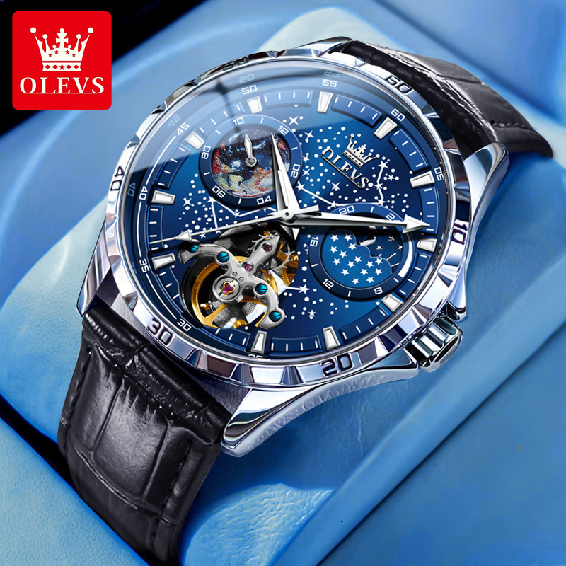 OLEVS Designer Men Mechanical Watch Starry Sky Skeleton Tourbillon Dial Stainless Steel Leather Strap Waterproof Luminous Business Automatic Wristwatc