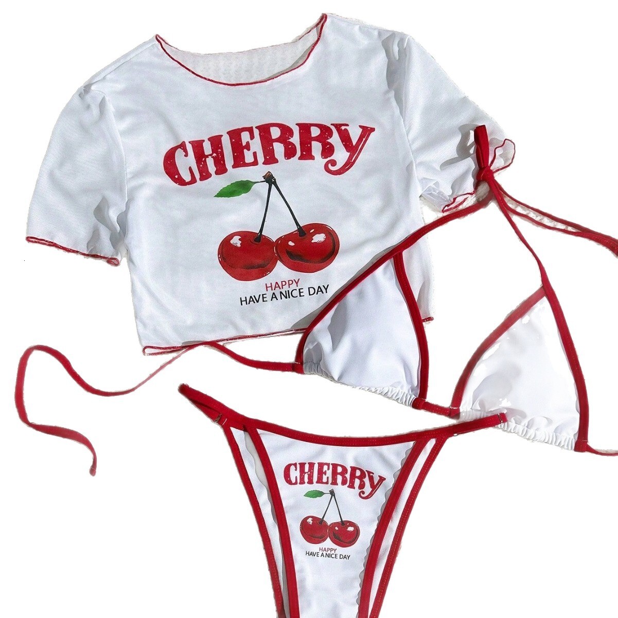Designer Cherry Print 3 Piece Bikini Set with Short Sleeve Cover Up Crop Top High Cut Triangle Bottoms Tie Side Bathing Suit for Women Beachwear Pool 