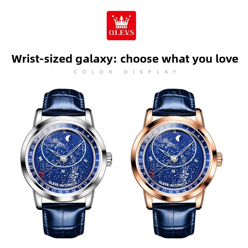 OLEVS Luminous Luxury Business Casual Wristwatch for Men Gift Designer Men Automatic Mechanical Watch Starry Sky Dial Moon Phase Blue Leather Strap Wa