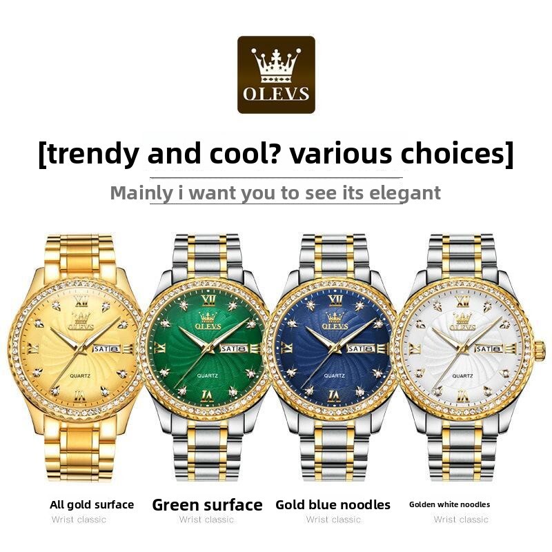 OLEVS Men's Luxury Diamond Studded Gold Designer Watch Business High-end Dual Calendar Night Light Waterproof Quartz Watch Men's Watch Men&#
