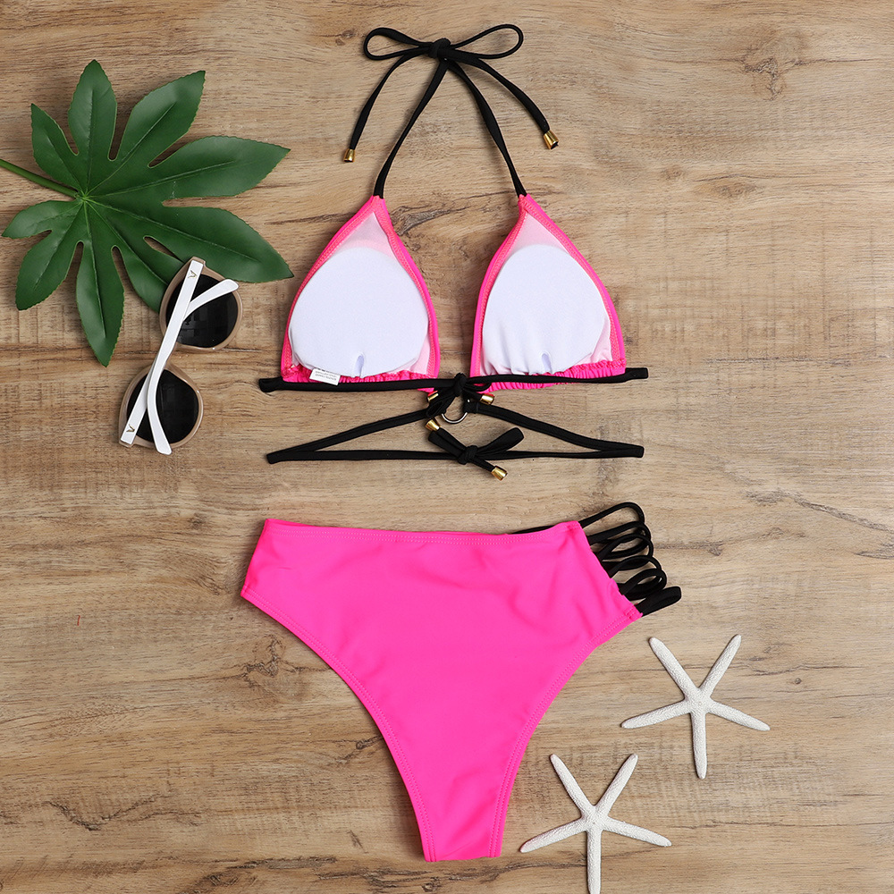 Leopard Print and Neon Color Block Bikini Set Halter Triangle Top Cutout High Waisted Swimsuit for Women Strappy Bathing Suit for Beach Pool Party Vac