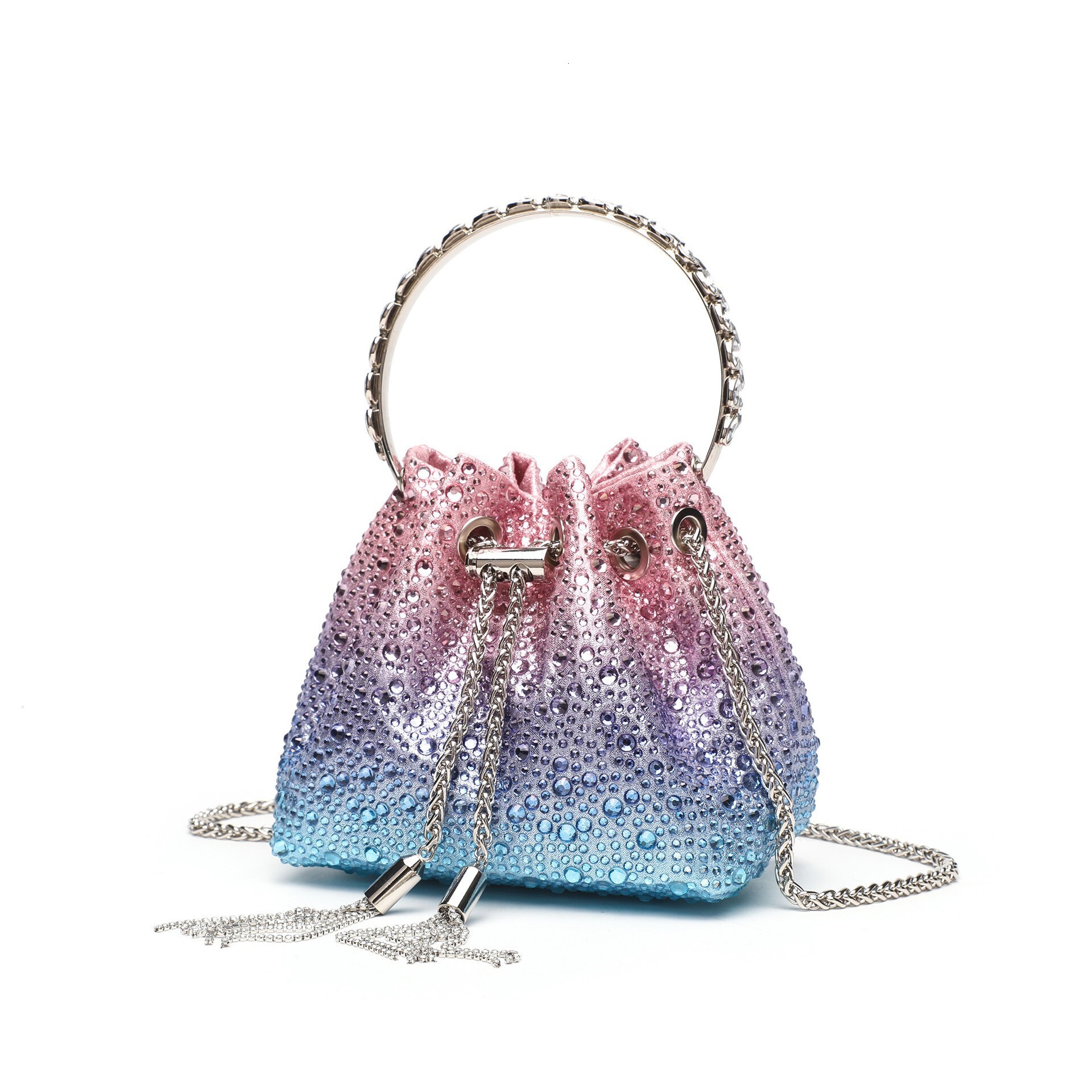 Pink-Blue Gradient Trendy Design Crystal Drawstring Evening Clutch