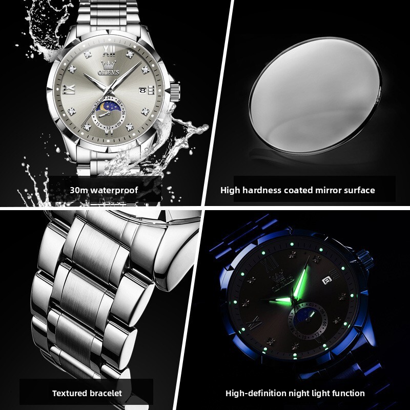 OLEVS Designer OLEVS Mens Quartz Watch Single Calendar Moon Phase Stainless Steel Waterproof Luminous Casual Business Wristwatch For Men All Occasions