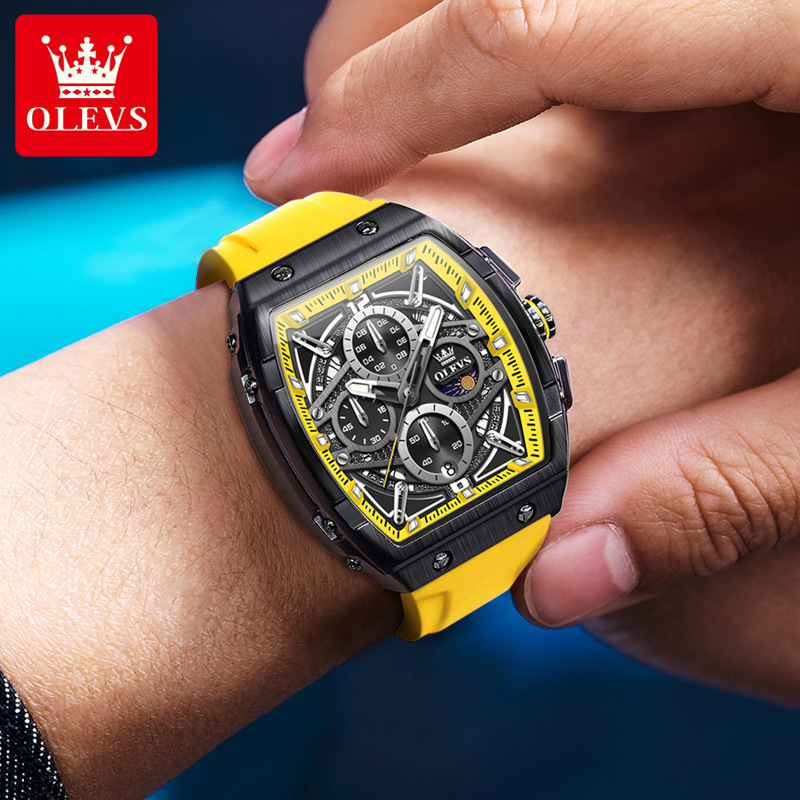 OLEVS Tonneau Skeleton Chronograph Designer Watch Silicone Strap Waterproof Luminous Sporty Men Wristwatch Shockproof Multifunctional Trendy Casual Da