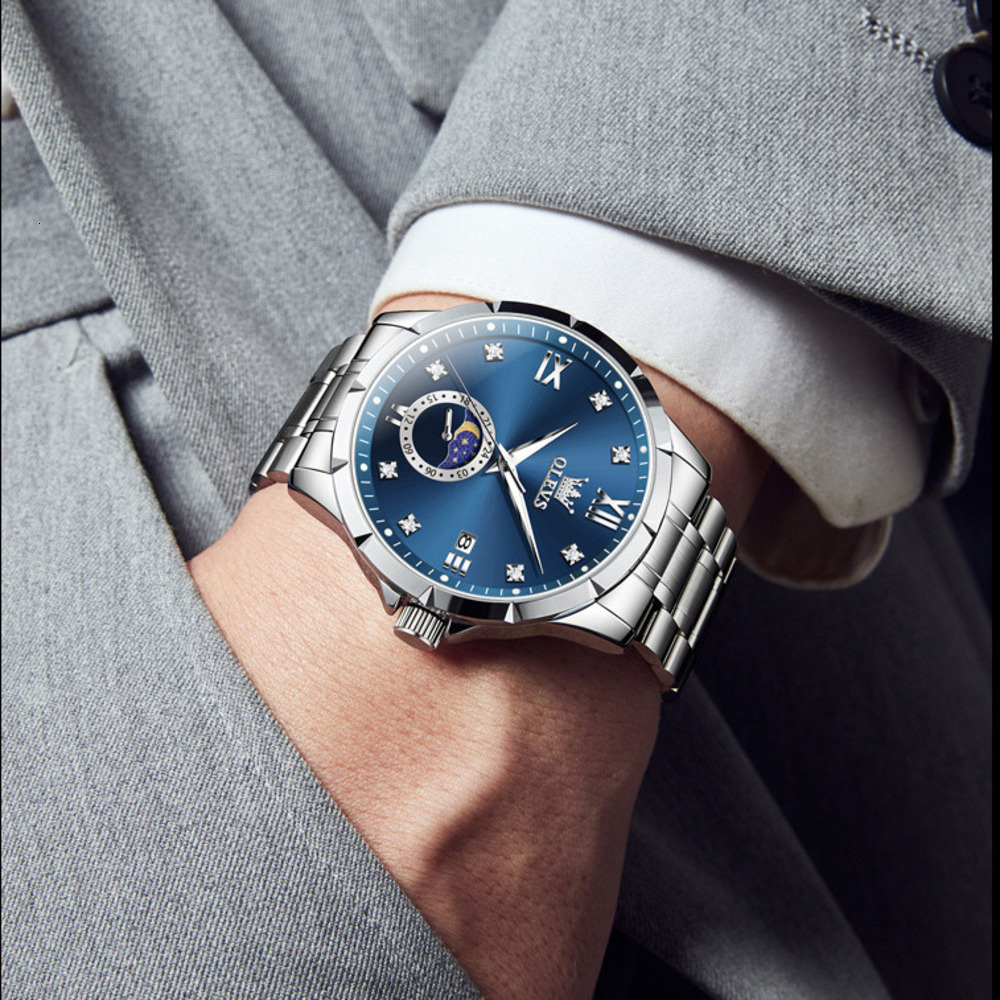OLEVS Designer OLEVS Mens Quartz Watch Single Calendar Moon Phase Stainless Steel Waterproof Luminous Casual Business Wristwatch For Men All Occasions