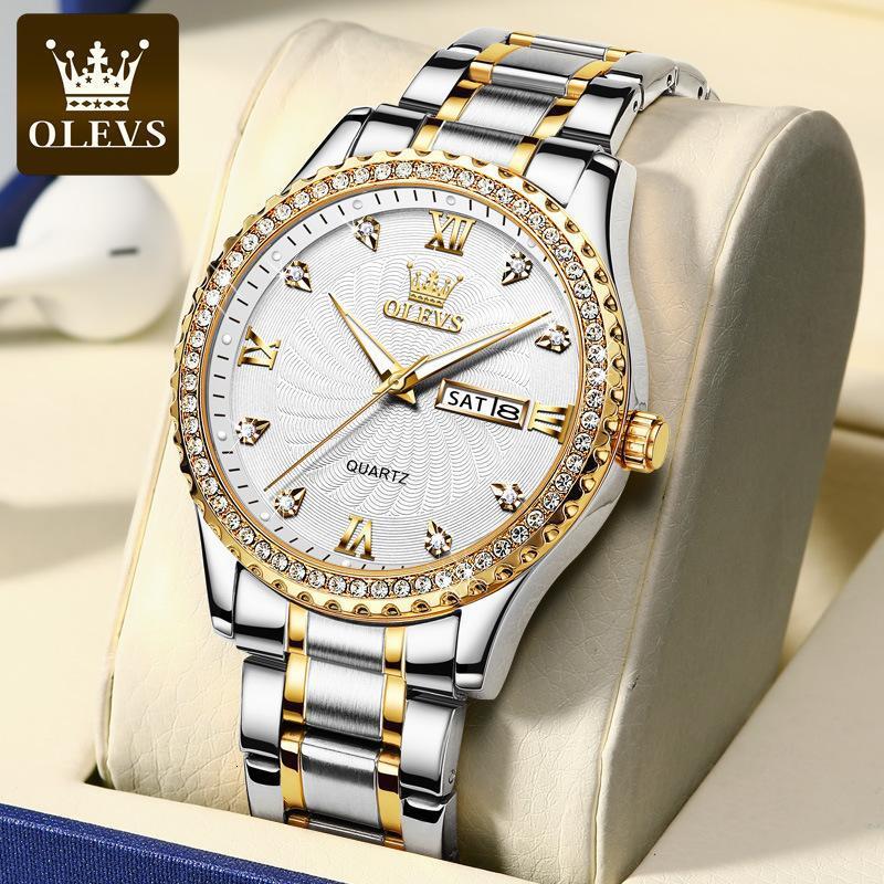 OLEVS Men's Luxury Diamond Studded Gold Designer Watch Business High-end Dual Calendar Night Light Waterproof Quartz Watch Men's Watch Men&#
