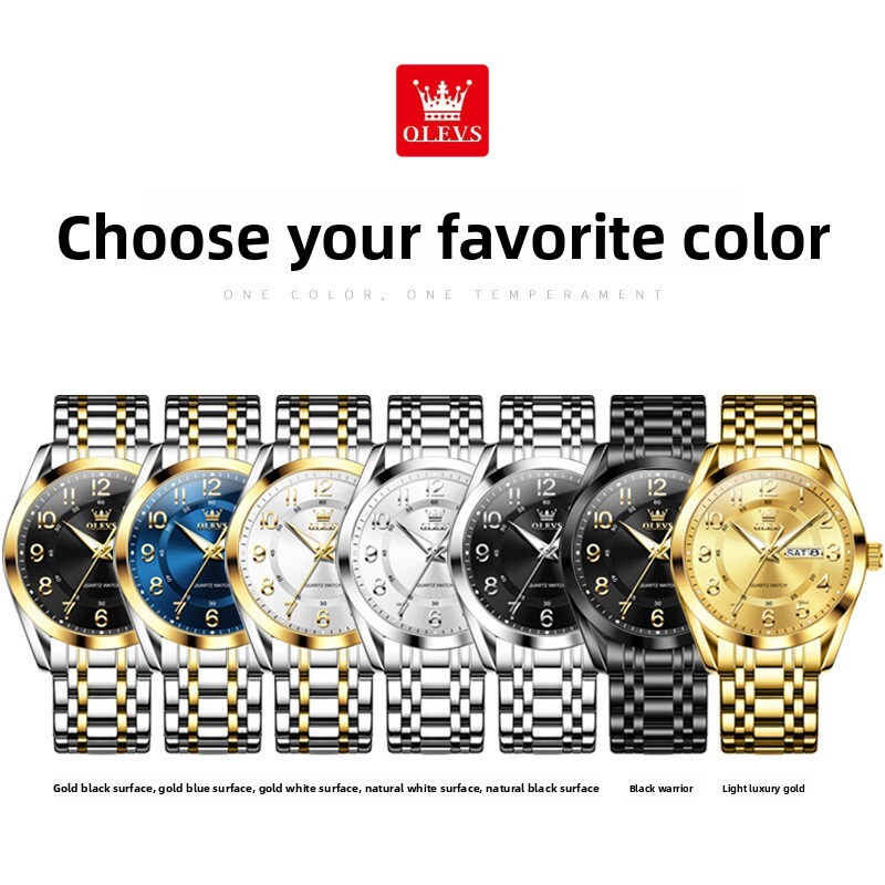 OLEVS Designer Mens Watch Round Dial Day Date Stainless Steel Quartz Wristwatch Waterproof Luminous Business Multi Color For Men