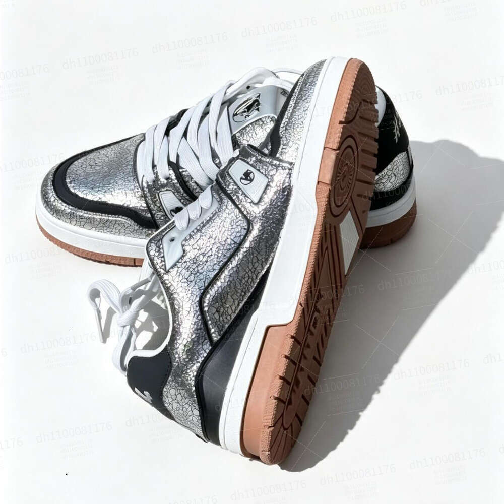 VUTITDN Crackled Metallic Silver Low-Top Sneakers with Gum Soles, Bold Urban Streetwear Shoes for Men & Women dh_fusion_04