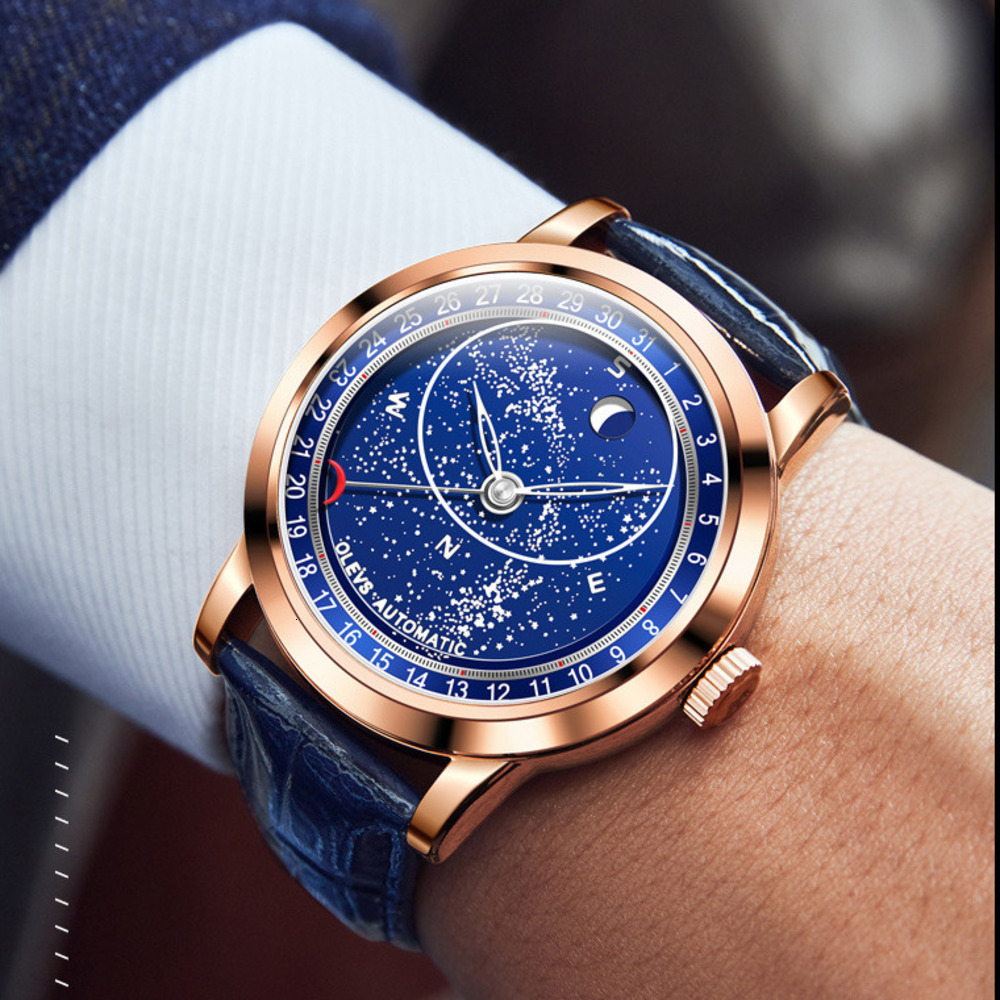 OLEVS Luminous Luxury Business Casual Wristwatch for Men Gift Designer Men Automatic Mechanical Watch Starry Sky Dial Moon Phase Blue Leather Strap Wa