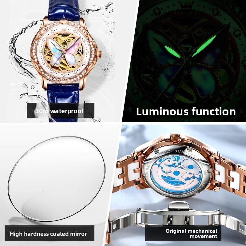 OLEVS Luxury Rose Gold Wristwatch Elegant Ladies Dress Watch Gift Set Designer Women Mechanical Watch Butterfly Skeleton Dial Diamond Inlaid Ceramic S