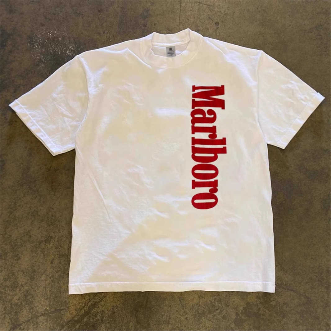 250g trendy Marlboro printed short-sleeve mens t-shirt summer pure cotton round neck non-transparent non-pilling