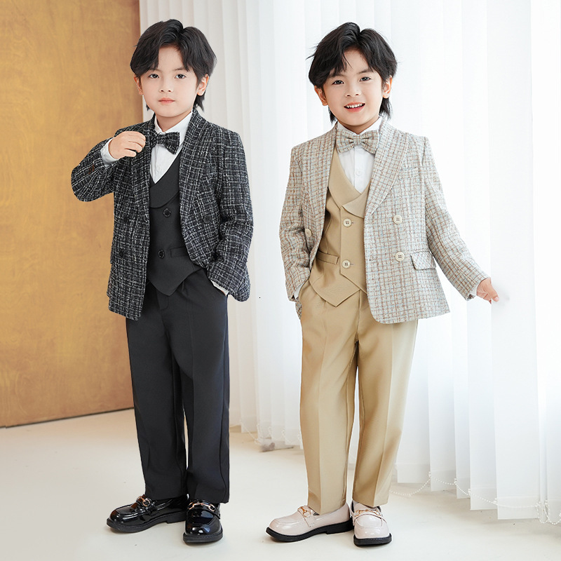 Childrens Houndstooth Formal Suit Set Boys Wedding Birthday Party Champagne Costume Kids Double Breasted Blazer Pants Clothes 241106