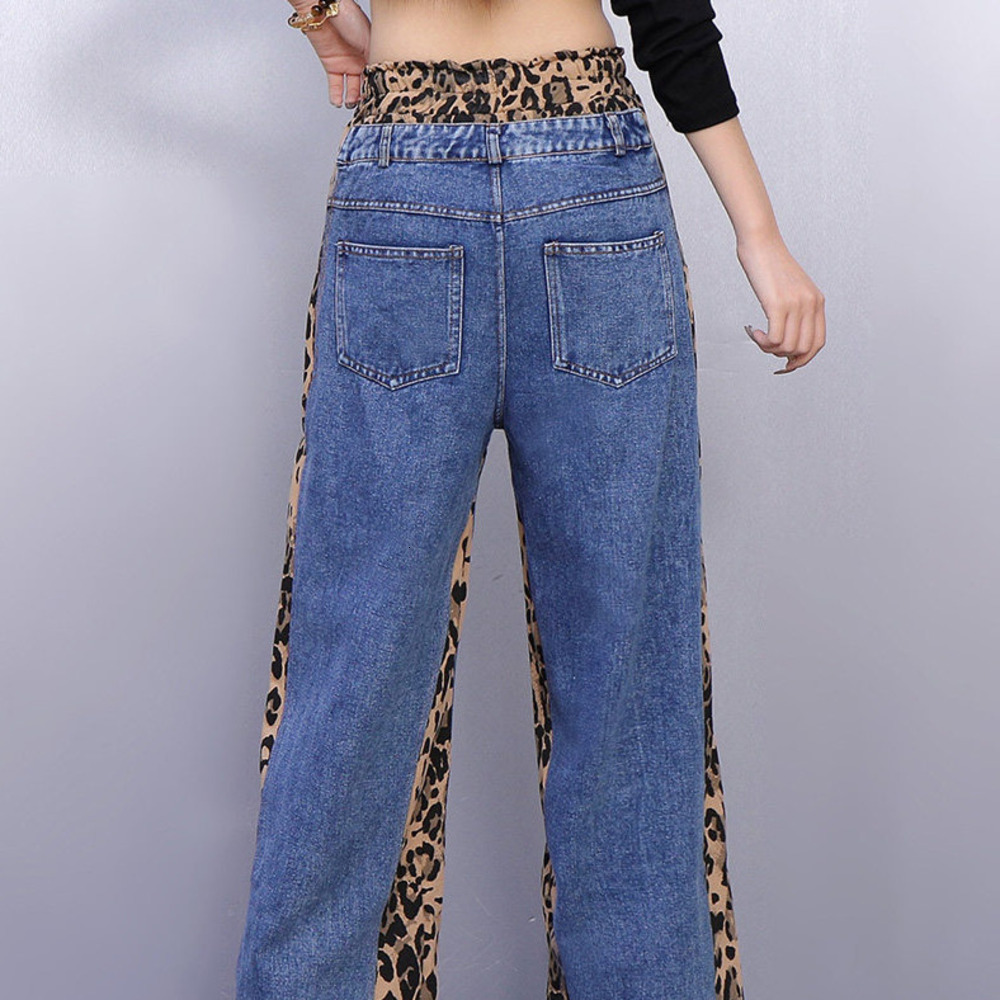 Classic Retro Leopard Print Patchwork Designer Jeans For Women Loose Fit Slimming Fashionable Casual Versatile Straight Leg Pants