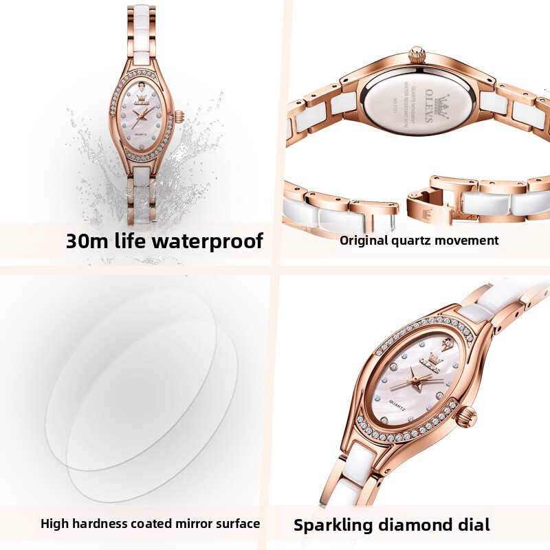 OLEVS Slim Oval Ceramic Quartz Designer Watch Waterproof Bling Crystal Luxury Dress Ladies Wristwatch Fashion Minimalist Daily Party Casual Trendy Hig