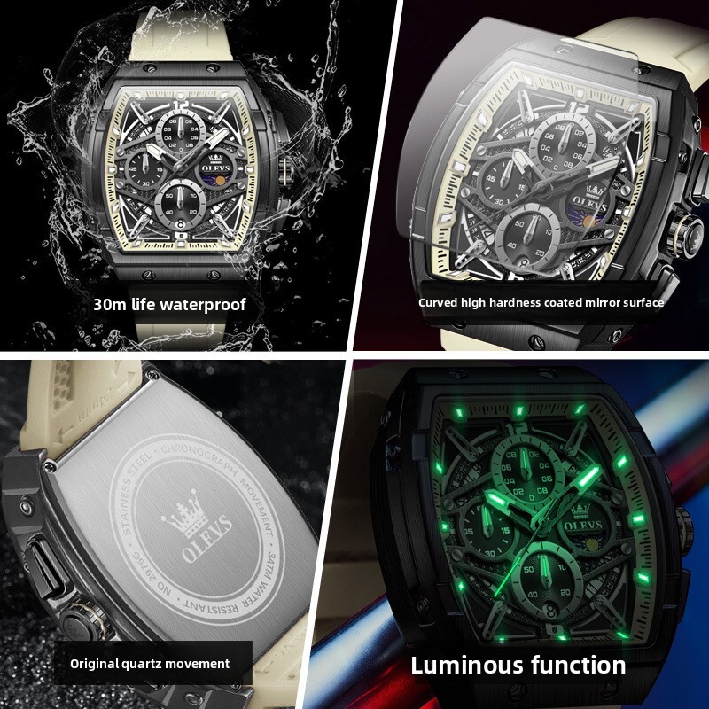 OLEVS Tonneau Skeleton Chronograph Designer Watch Silicone Strap Waterproof Luminous Sporty Men Wristwatch Shockproof Multifunctional Trendy Casual Da