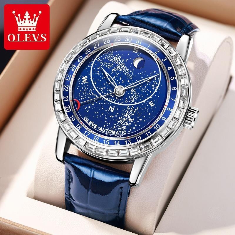 OLEVS Luminous Luxury Business Casual Wristwatch for Men Gift Designer Men Automatic Mechanical Watch Starry Sky Dial Moon Phase Blue Leather Strap Wa