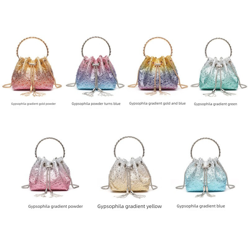 Pink-Blue Gradient Trendy Design Crystal Drawstring Evening Clutch - view 3
