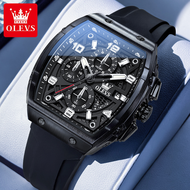 OLEVS Men's Luxury Watch Hollowed Out Multi-function Designer Watch Business Bucket Type Large Dial Silicon Tape Quartz Watch Waterproof Luminous