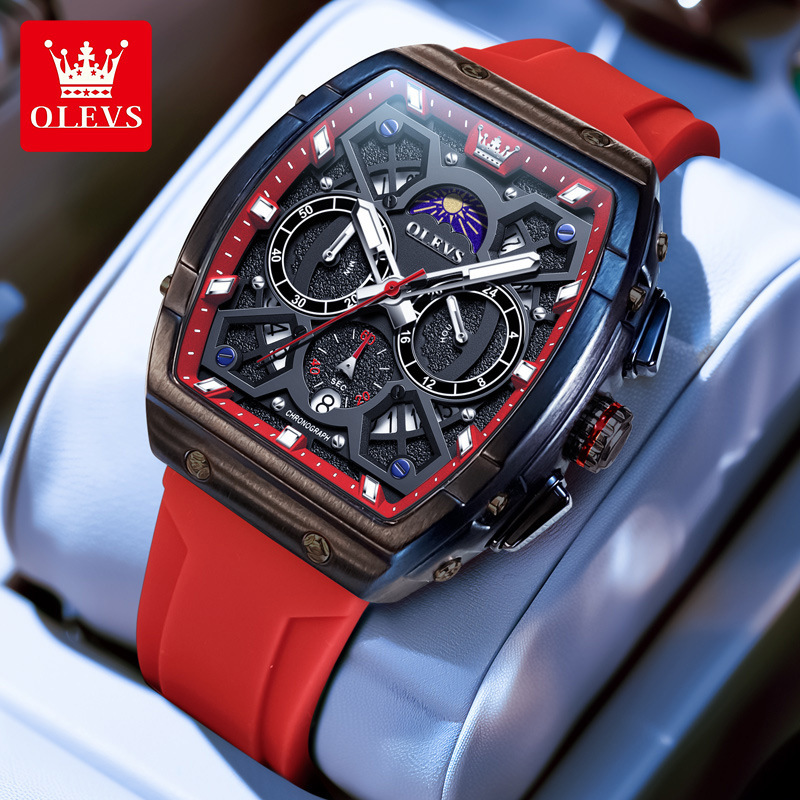 OLEVS Luxury Brand Wine Barrel Designer Watch New Fashion Casual Daily Travel Silicone Tape Night Light Multifunctional Quartz Waterproof Men's W