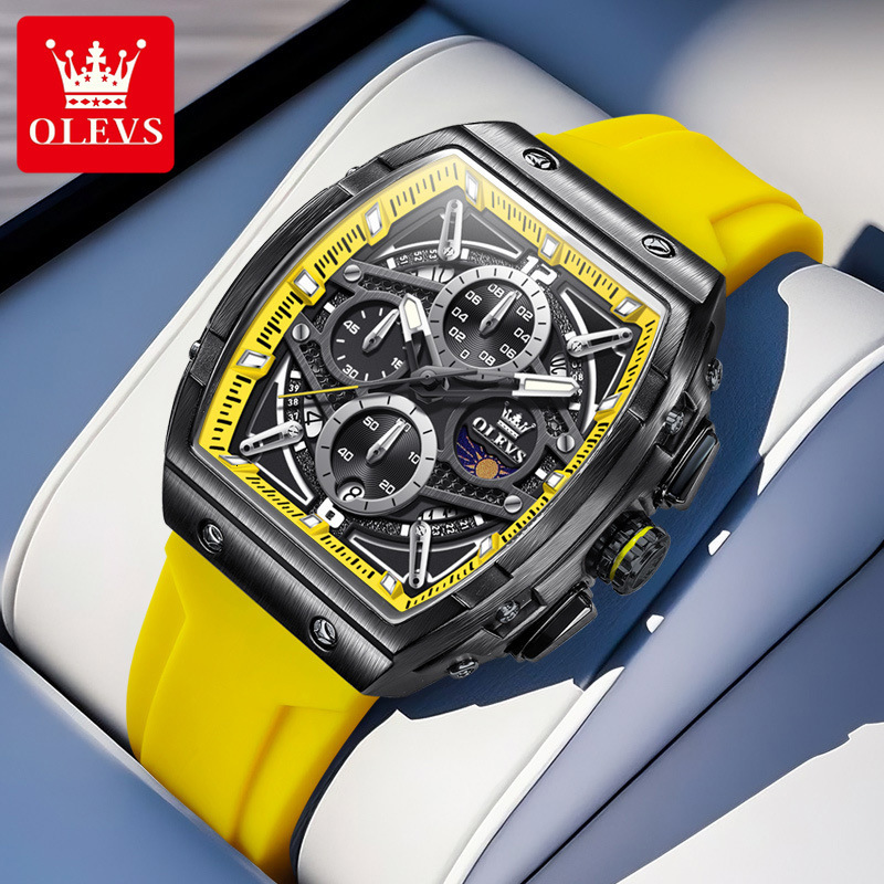 OLEVS Tonneau Skeleton Chronograph Designer Watch Silicone Strap Waterproof Luminous Sporty Men Wristwatch Shockproof Multifunctional Trendy Casual Da
