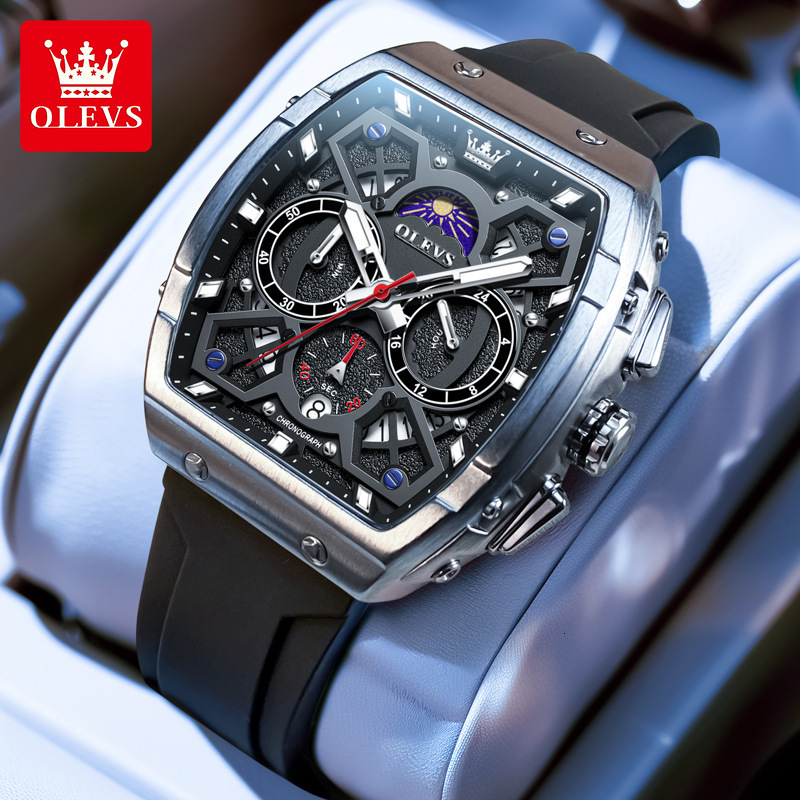 OLEVS Luxury Brand Wine Barrel Designer Watch New Fashion Casual Daily Travel Silicone Tape Night Light Multifunctional Quartz Waterproof Men's W