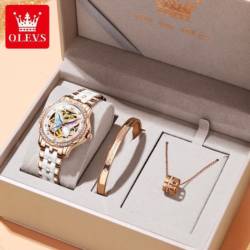 OLEVS Luxury Rose Gold Wristwatch Elegant Ladies Dress Watch Gift Set Designer Women Mechanical Watch Butterfly Skeleton Dial Diamond Inlaid Ceramic S