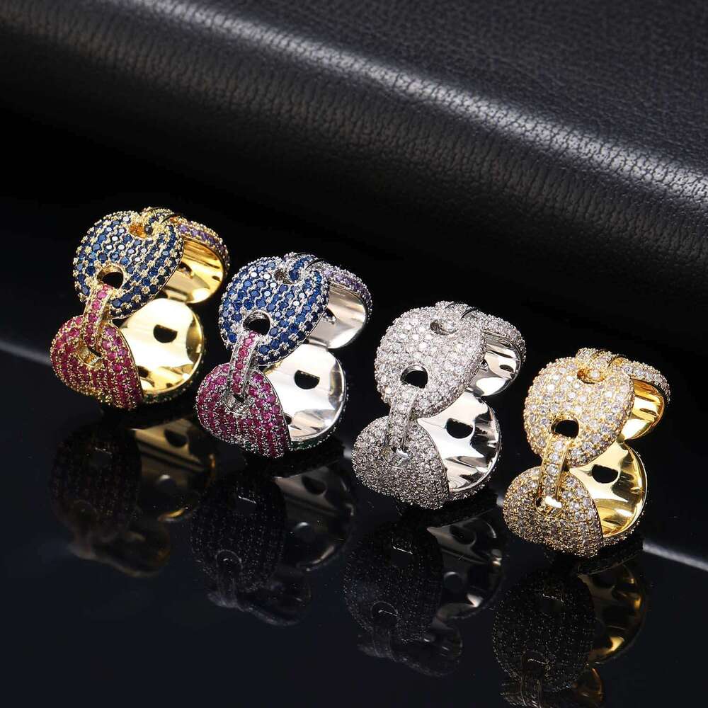 Hip-Hop Men's New Coffee Bean Micro-Inlaid Colorful Zircon Pig Nose Personality Ring