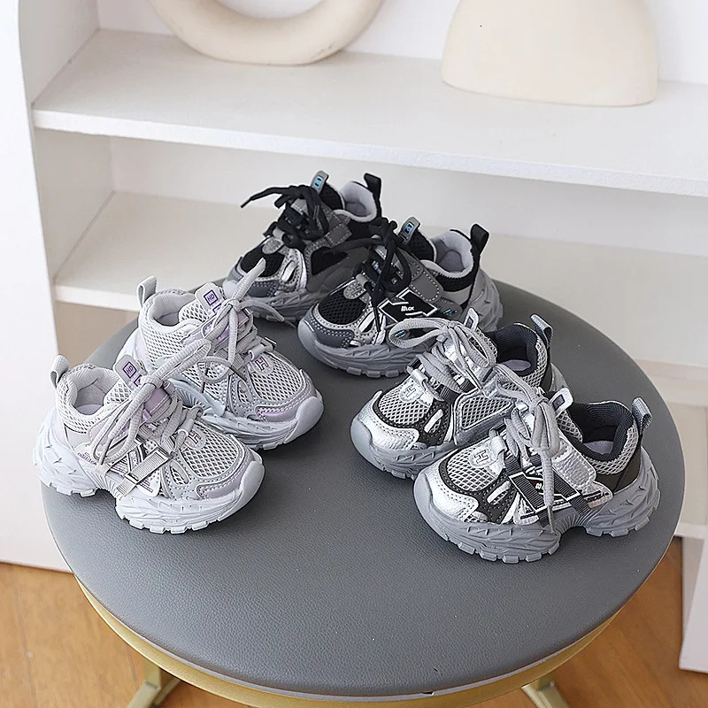 Children Sport Shoes Spring Autumn Kids Sneakers Soft Breathable Mesh Shoes Boys Girls Lace-up Running Shoes Gray Black 260508
