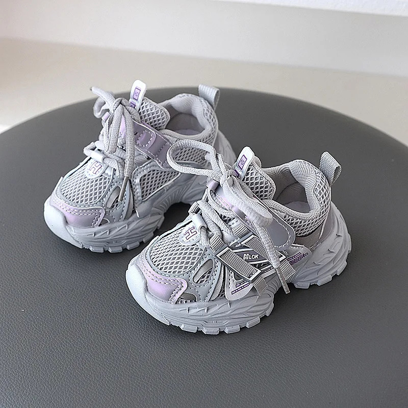 Children Sport Shoes Spring Autumn Kids Sneakers Soft Breathable Mesh Shoes Boys Girls Lace-up Running Shoes Gray Black 260508
