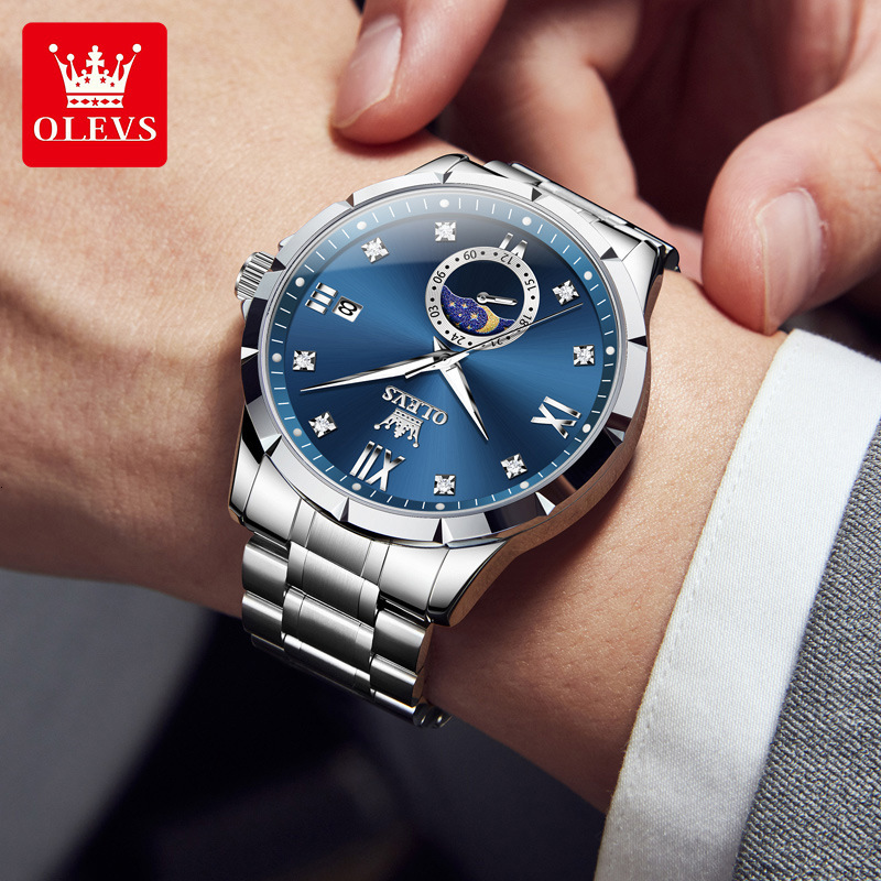 OLEVS Designer OLEVS Mens Quartz Watch Single Calendar Moon Phase Stainless Steel Waterproof Luminous Casual Business Wristwatch For Men All Occasions