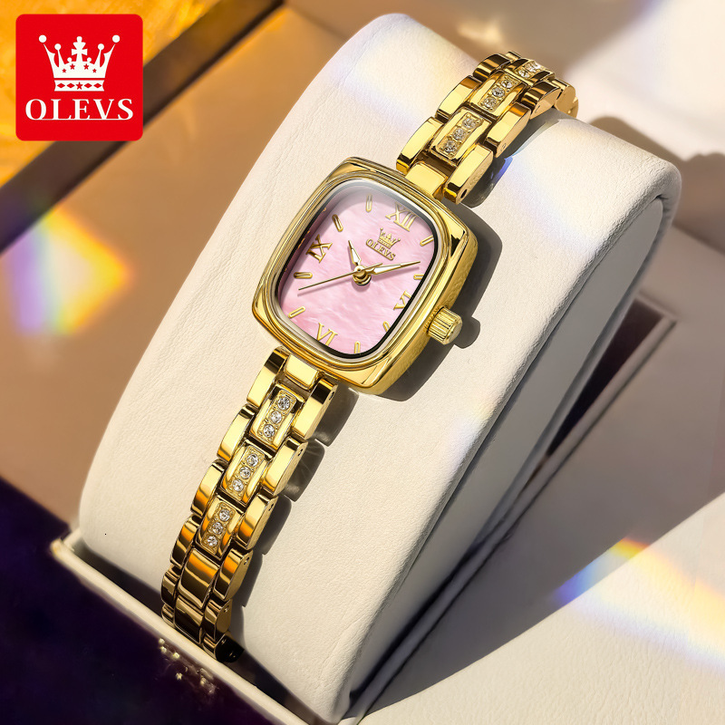 OLEVS Square Dial Gold Tone Designer Watch Quartz Waterproof Crystal Bracelet Ladies Wristwatch Elegant Dress Fashion Minimalist Lightweight Daily Par