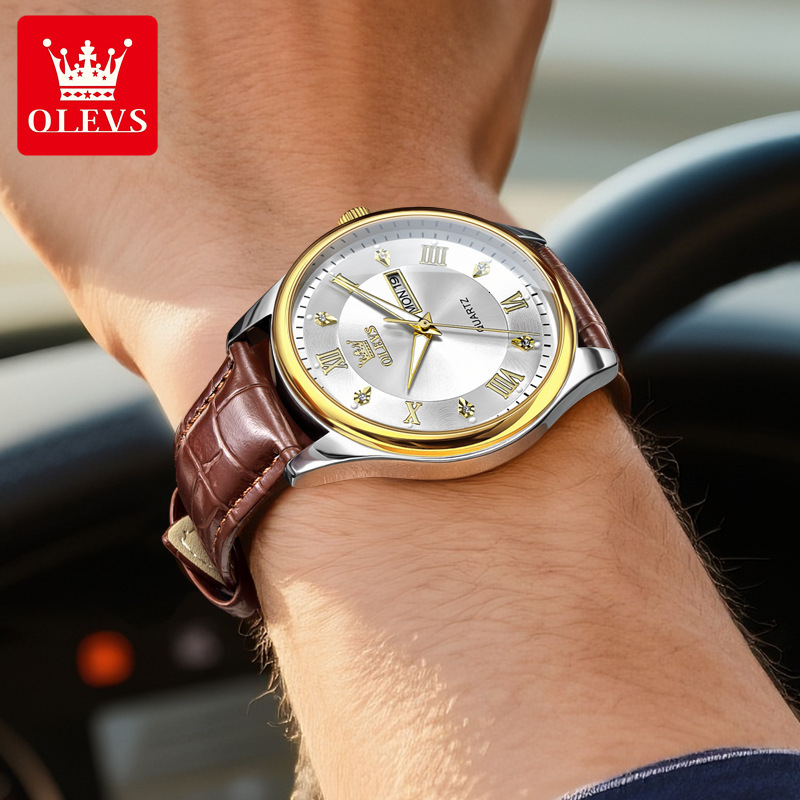 OLEVS Brand Designer Watch New Business Office Formal Double Calendar Roman Scale Pointer Waterproof Quartz Watch Men's Watch Men's Watch