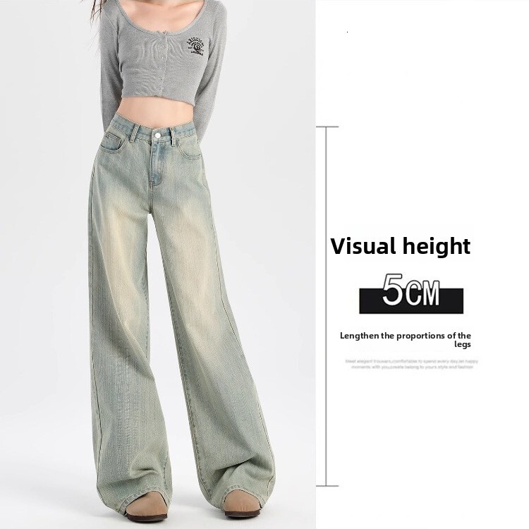 Light Colored High Street Wide Leg Designer Jeans For Women, 2026 New High Waisted Loose Fit Slimming Retro Drape Straight Leg Fashionable Floor Pants