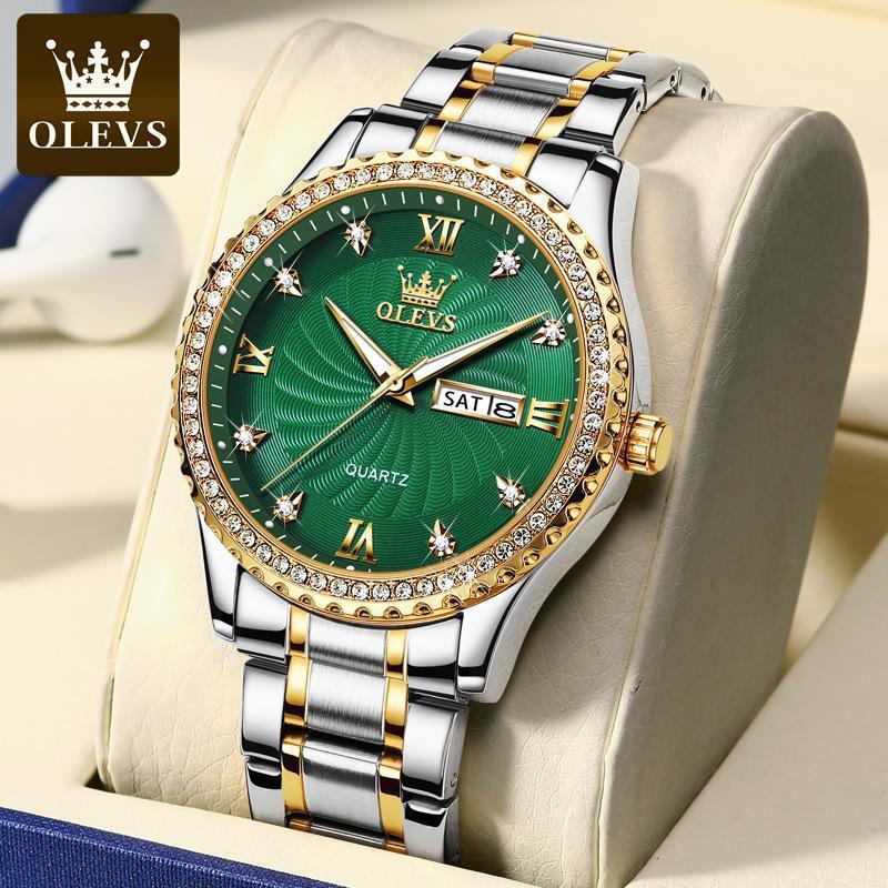 OLEVS Men's Luxury Diamond Studded Gold Designer Watch Business High-end Dual Calendar Night Light Waterproof Quartz Watch Men's Watch Men&#