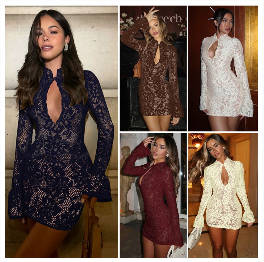 Women's Lace Bodycon Mini Dress High Neck with Keyhole Cutout, Long Flare Sleeve, Elegant Hollow Out Cocktail Party Dress