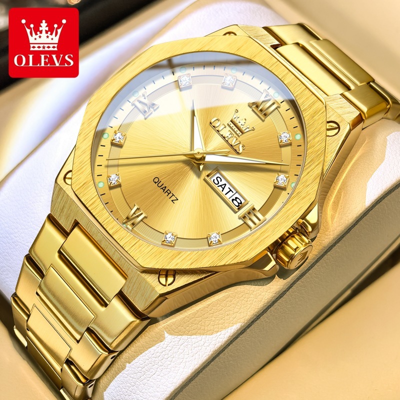 OLEVS Designer Men Quartz Watch Dual Calendar Stainless Steel Band Fashion Luminous Waterproof Minimalist Classic Casual Analog Wristwatch
