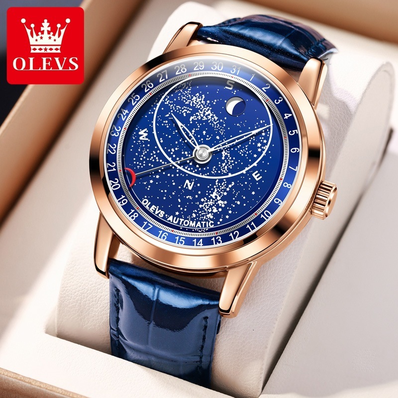 OLEVS Luminous Luxury Business Casual Wristwatch for Men Gift Designer Men Automatic Mechanical Watch Starry Sky Dial Moon Phase Blue Leather Strap Wa