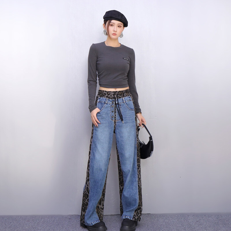 Classic Retro Leopard Print Patchwork Designer Jeans For Women Loose Fit Slimming Fashionable Casual Versatile Straight Leg Pants